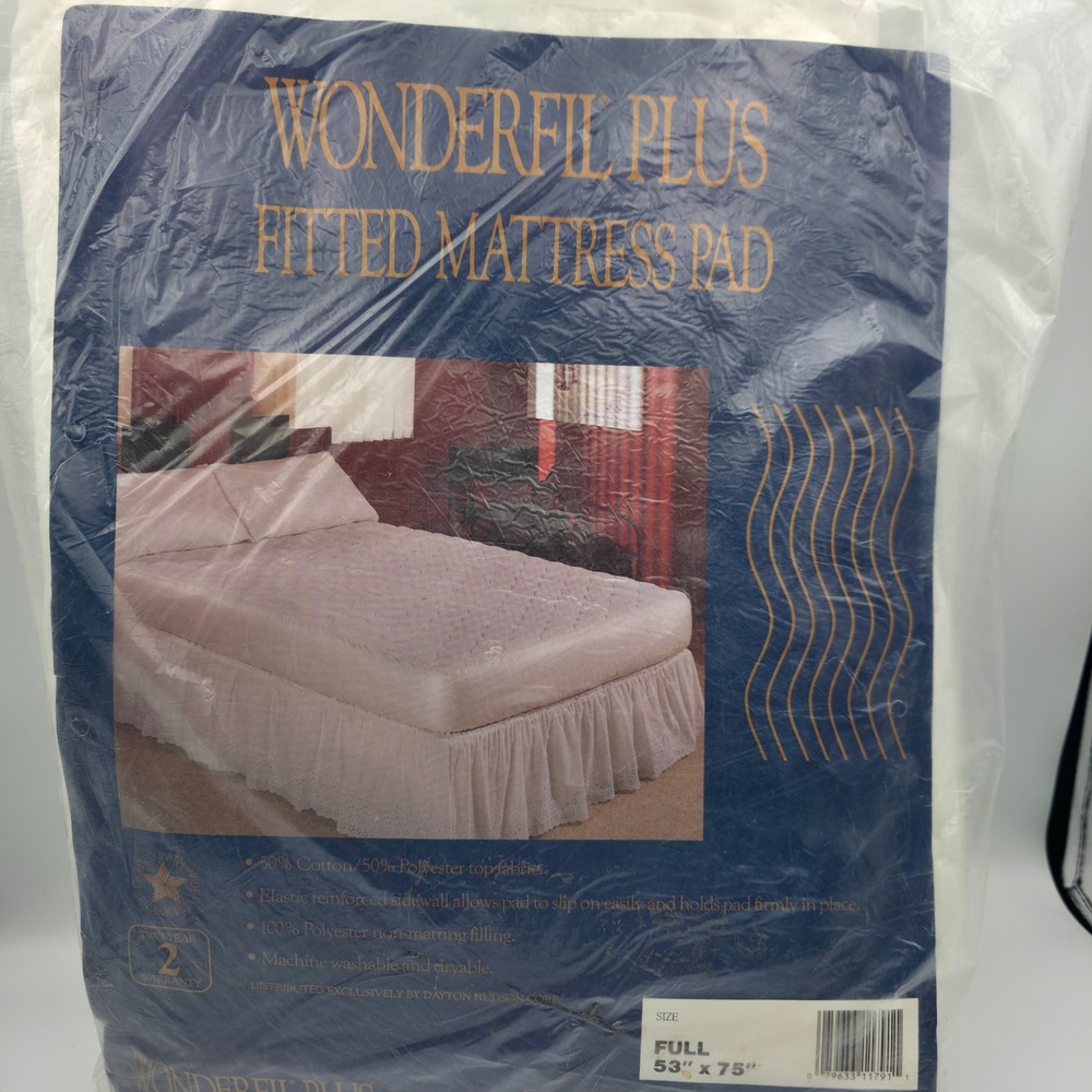 Vintage Wonderfil Plus Full Fitted Mattress Pad 53x75 White Cotton Blend New